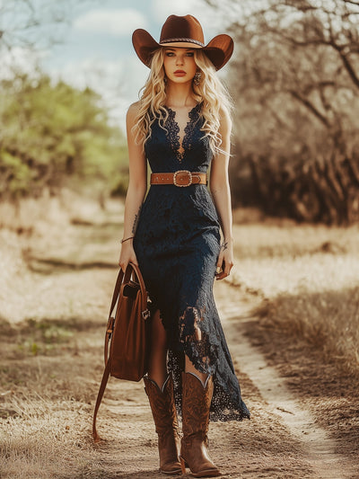 Vayla | Vintage Bohemian Blue Lace Sleeveless Midi Dress