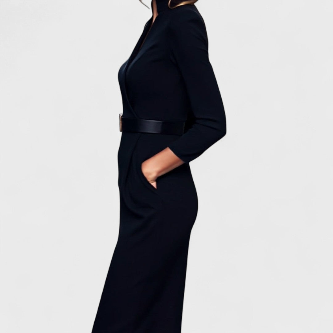 Vayla | Elegant Black Dress with Belt and Collar