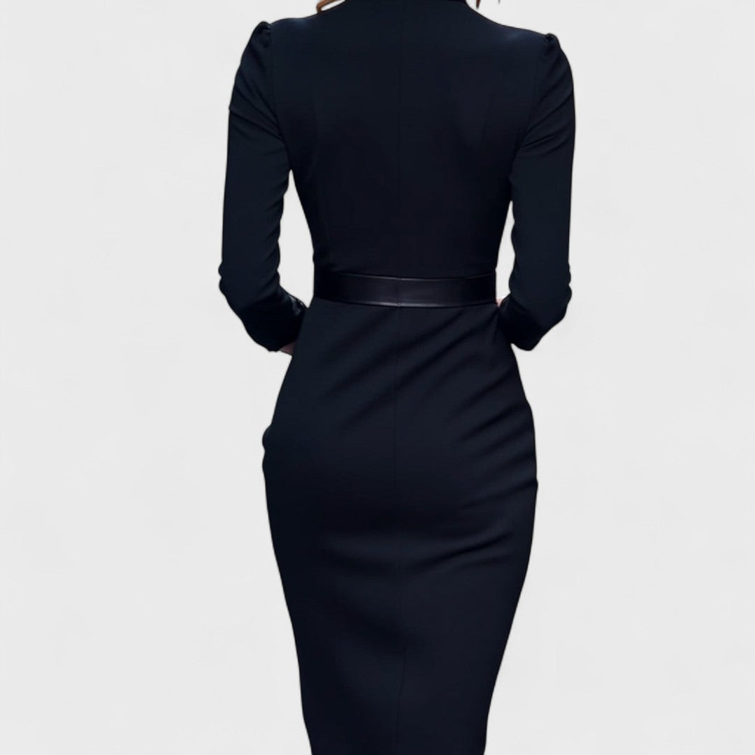 Vayla | Elegant Black Dress with Belt and Collar