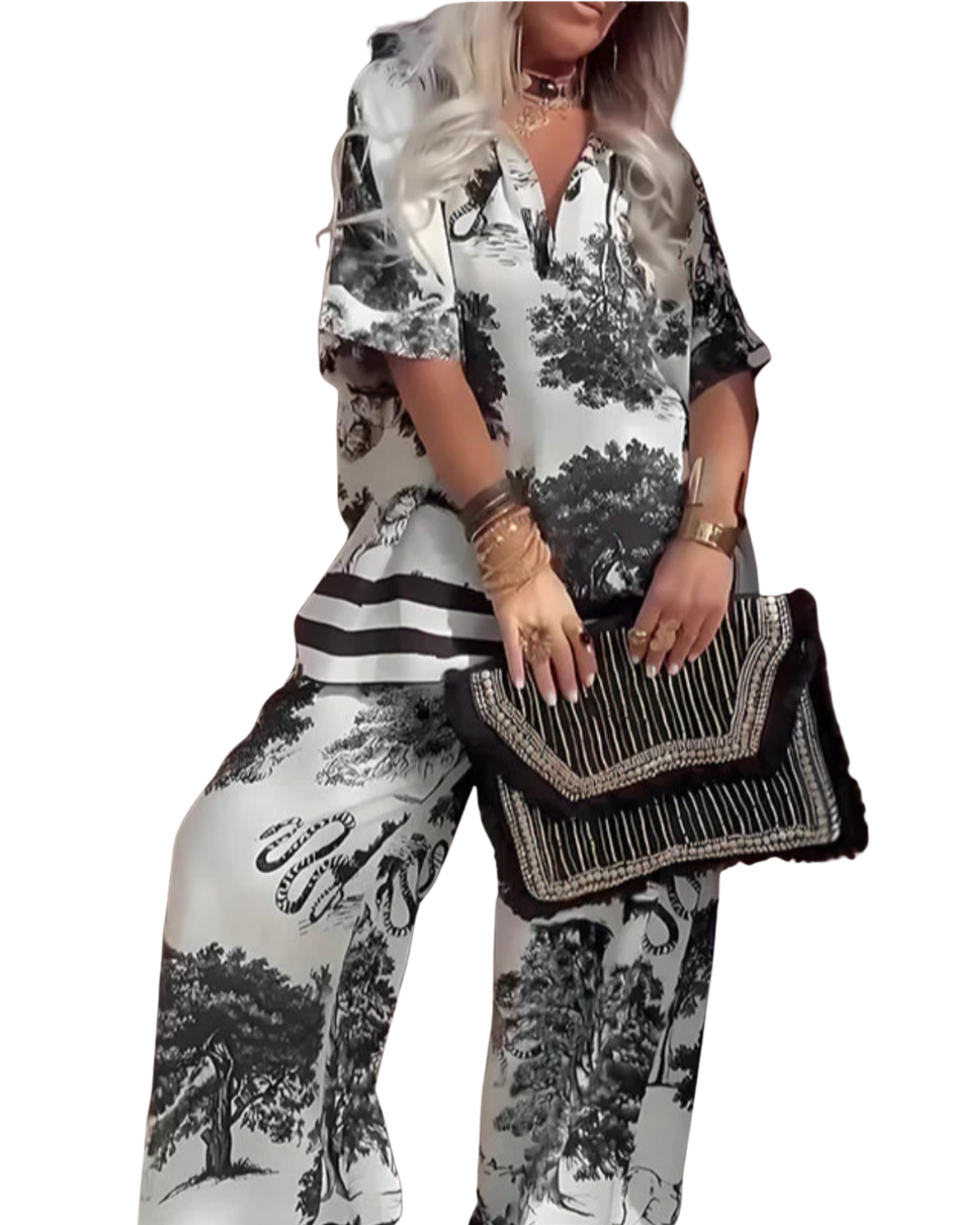 Jennifer | Printed Top with V-Neck + Long Pants