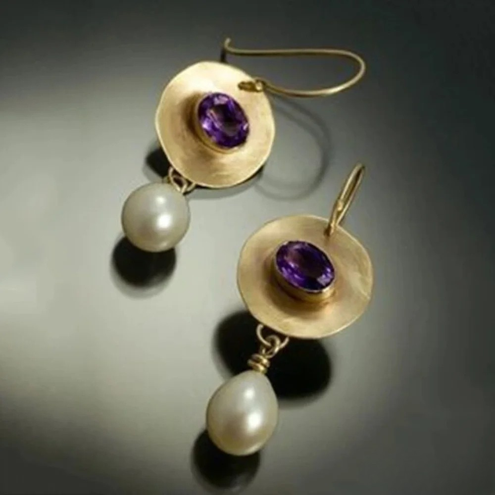 Vayla | Vintage Gold Earrings with Purple Zirconia and Pearls