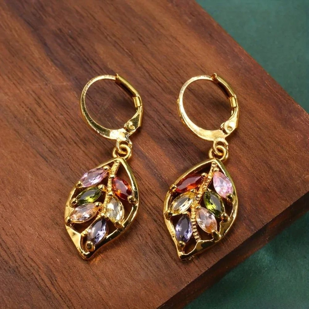 Vayla | Vintage Golden Leaf Earrings with Colourful Zirconia
