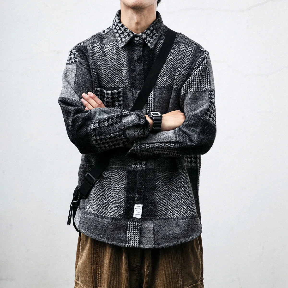 Vayla | Houndstooth Spliced Patchwork Woolen Plaid Longsleeve