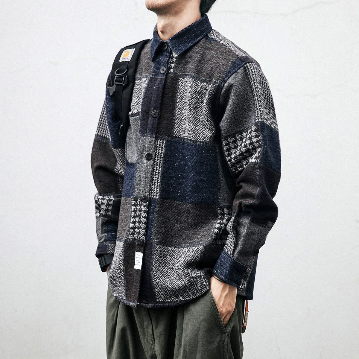 Houndstooth Spliced Patchwork Woolen Plaid Longsleeve