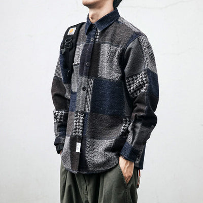Houndstooth Spliced Patchwork Woolen Plaid Longsleeve
