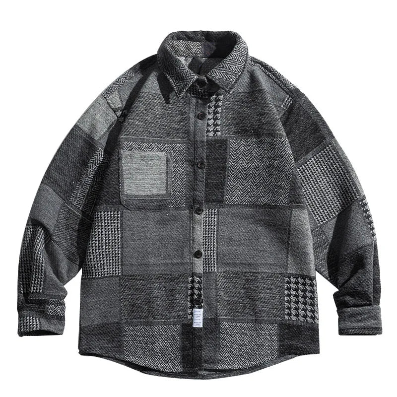 Houndstooth Spliced Patchwork Woolen Plaid Longsleeve