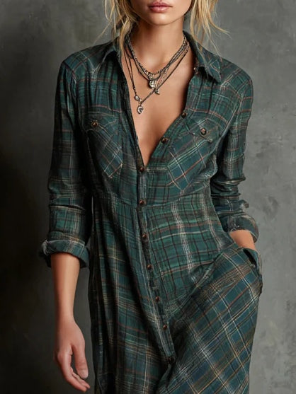 Vayla | Plaid Lapel Single-Breasted Shirt Long Dress