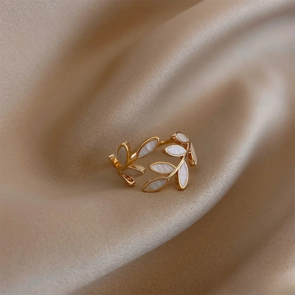 Vayla | Adjustable Gold Ring with White Opal Leaf