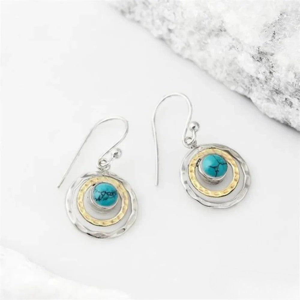 Vayla | Boho Saturn Earrings with Turquoise Stone in Silver & Gold